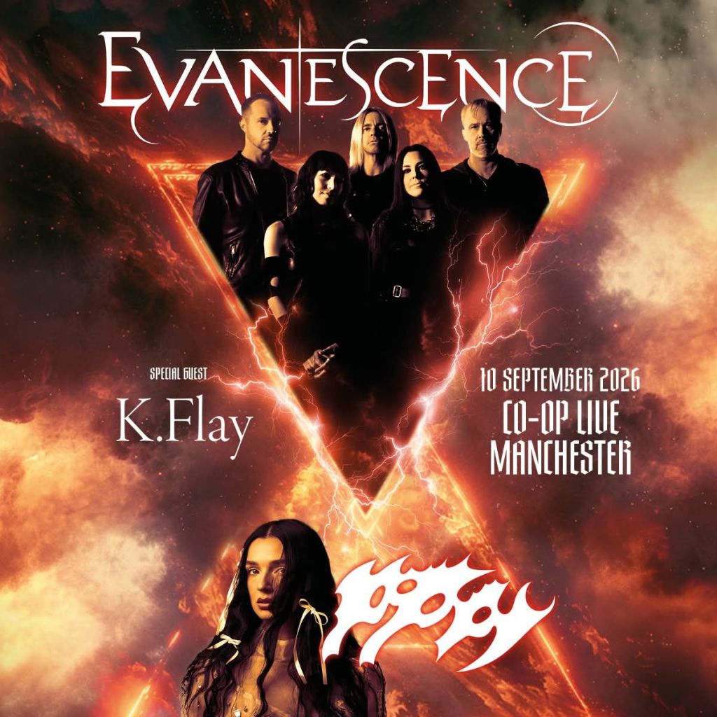 Promotional poster for Evanescence concert featuring K. Flay as a special guest, scheduled for September 10, 2026, at Co-op Live in Manchester.